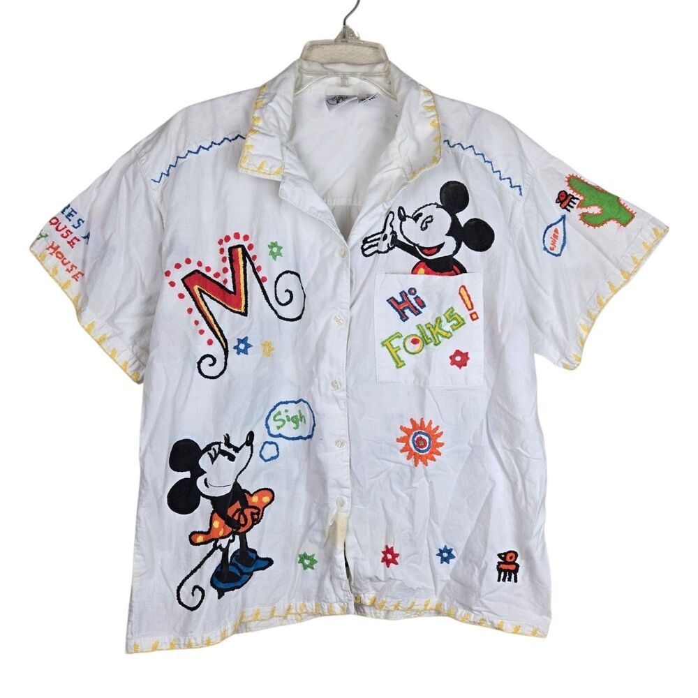 Vtg Disney Mickey Minnie Mouse Button Shirt L Embroidered Whimsical Doodles